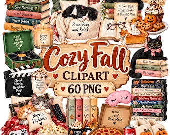 60 Cozy Fall Clipart | Movie Night & Book Club PNG | Autumn Reading, Homebody, Book Lover
