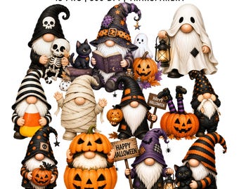 43 Halloween Gnome Clipart | Spooky Gnomes PNG | Pumpkin Ghost Witch | Watercolor Halloween | Commercial Use