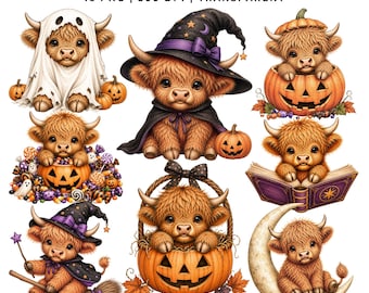 16 Halloween Baby Highland Cow Clipart PNG | Spooky, Pumpkin, Witch, Ghost | Fall Halloween