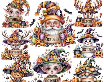 Octubre Santa y amigos / Personajes navideños de Halloween / Calendario mensual 16 PNG