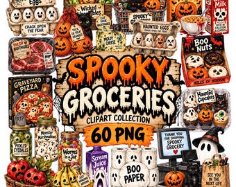 60 Spooky Groceries Clipart | Halloween Food PNG | Grocery Store | Digital Stickers | 300 DPI