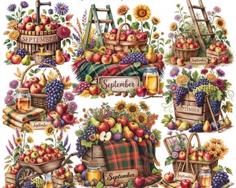 9月のカレンダークリップアート14 PNG | 秋の収穫の水彩画 | 秋のフルーツバスケット | プランナーステッカー
