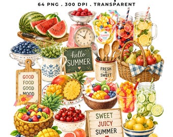 64 Summer Fruits Clipart Bundle | Tropical Fruit PNG | Watercolor Fruit Set | Planner Stickers