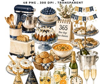 2027 New Year Baking Clipart | Party Food 48 PNG | Champagne & Dessert | Winter Celebration Graphics