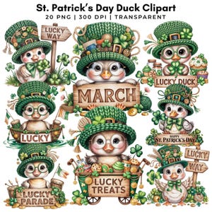 May include: A collection of St. Patrick's Day duck clipart images. Each duck is wearing a green hat and glasses, and holding clovers. Some ducks are in boats, holding signs that say "Lucky," "March," "Lucky Treats," and "Lucky Parade."