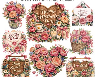 15 Mother’s Day Clipart Watercolor PNG | Floral Mom, Roses Bouquet, Heart Frame | Planner Stickers