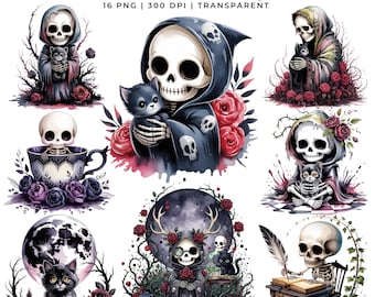 Imágenes prediseñadas de esqueletos góticos 16 PNG / Gato de la Parca / Té de esqueletos en acuarela (Descarga digital)