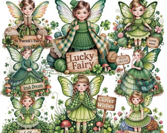 聖パトリックの日の妖精クリップアート 28 PNG | 幸運のアイルランドの妖精 | クローバーのイラスト | デジタルステッカー