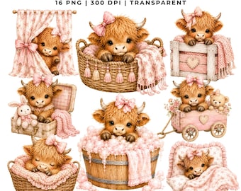 16 Baby Girl Highland Cow Clipart | Watercolor Baby Shower | Farm Animal, Pink Nursery Decor