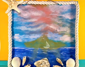 Ocean View Acrylic Painting, Real Seashells Starfish, Dock Inspired Rope Wooden Panel