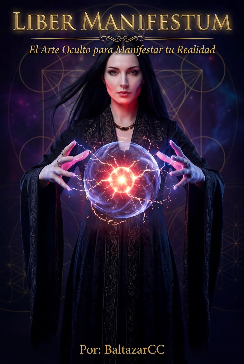 May include: A book cover featuring a woman in a black robe holding a glowing orb. The title reads "LIBER MANIFESTUM" above the text "El Arte Oculto para Manifestar tu Realidad". The author's name, BaltazarCC, is at the bottom.