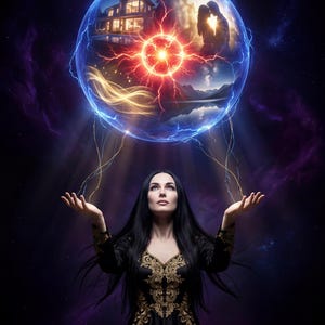 May include: A digital art piece featuring a woman in a black dress with gold embroidery, gazing upwards. Above her, a glowing orb displays a house, couple, and landscape, connected by lightning to her outstretched hands. The background is a cosmic scene.