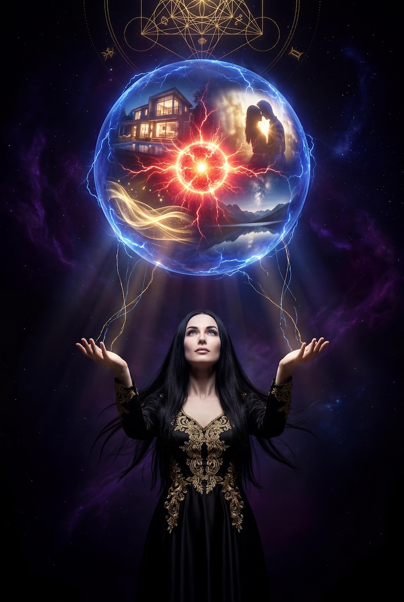 May include: A digital art piece featuring a woman in a black dress with gold embroidery, gazing upwards. Above her, a glowing orb displays a house, couple, and landscape, connected by lightning to her outstretched hands. The background is a cosmic scene.