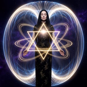 May include: A woman in a black dress with gold floral accents stands before a glowing energy field. A golden star and geometric shapes are superimposed over her. The background is a dark space with swirling colors, suggesting a spiritual or mystical theme.