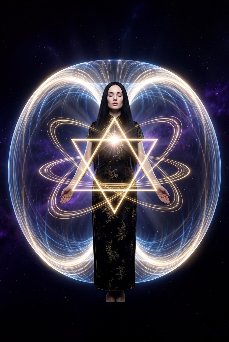May include: A woman in a black dress with gold floral accents stands before a glowing energy field. A golden star and geometric shapes are superimposed over her. The background is a dark space with swirling colors, suggesting a spiritual or mystical theme.