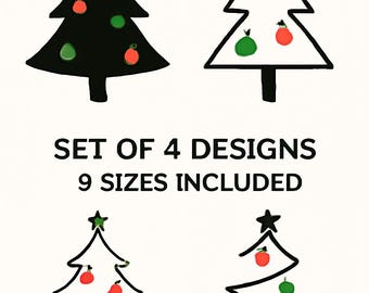 Puede incluir: Cuatro diseños de árboles de Navidad en blanco y negro con adornos rojos y verdes. El texto "SET OF 4 DESIGNS 9 SIZES INCLUDED" se muestra debajo. Cada árbol tiene una estrella en la parte superior.