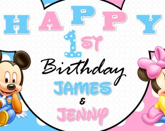 Baby Mickey & Minnie Happy Birthday Banner, Birthday Banner, Custom banners, Party Banners, Personalised Birthday Banners, banners and signs