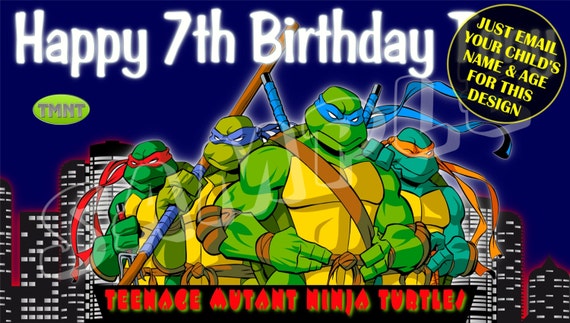 LARGE KIDS BIRTHDAY NINJA TURTLES POSTER BANNER PERSONALISED ANY NAME TEXT PHOTO 
