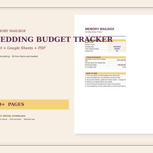 May include: A digital wedding budget tracker template by Memory Mailbox featuring Excel, Google Sheets, and PDF formats. The document includes a snapshot section, 30 pre-loaded line items, and instructions for use, totaling over 30 pages for planning.