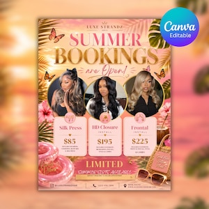 May include: A promotional flyer for Luxe Strandz Hair Co. featuring the text Summer Bookings are Open, three circular portraits of individuals with styled hair, and service listings for Silk Press, HD Closure Install, and Frontal Install.