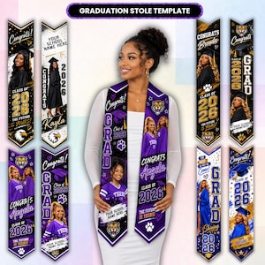 Può includere: Una collezione di modelli di stole di laurea con schemi di colore viola, nero e oro con testo che include Congrats, Class of 2026 e Grad. I design incorporano grafiche di mascotte tigre, tocco di laurea e impronte di zampe.
