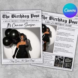Peut inclure: Une invitation d'anniversaire style journal intitulée The Birthday Post avec une photo en noir et blanc d'une personne en robe bustier noire, gants noirs et lunettes blanches, entourée de ballons noirs avec du texte sur un anniversaire.