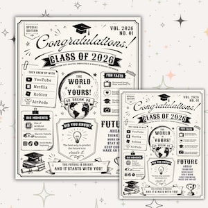 Puede incluir: Un póster de graduación en blanco y negro titulado Congratulations! Class of 2026. Incluye secciones de datos curiosos, grandes momentos y metas futuras, con ilustraciones de un globo terráqueo, una bombilla, un birrete sobre libros e iconos.