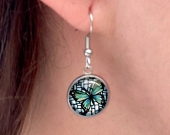Butterfly Earrings  - Turquoise Earrings - Art Nouveau Earrings - Mosaic Earrings - Butterfly Jewelry - Green Earrings - Gift for Mom
