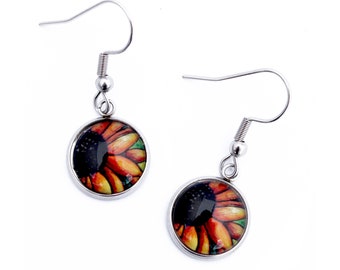 Red Sunflower Earrings - Orange Earrings - Flower Earrings - Floral Jewelry - Art Nouveau Earrings - Mosaic Earrings