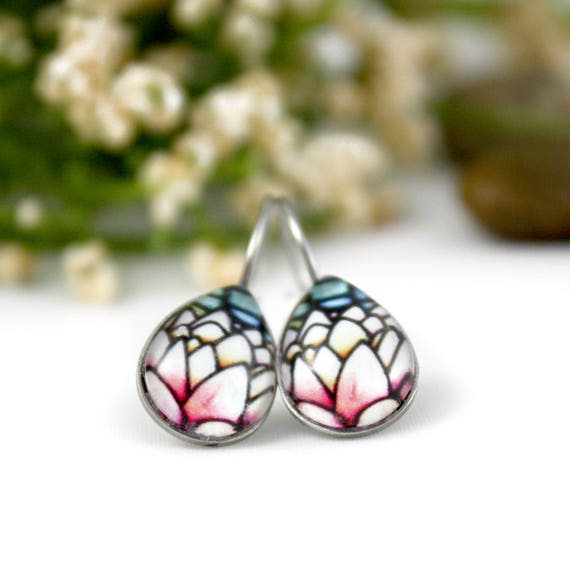 Boucles Doreilles Fleur De Lotus Vitrail Fleur Verre Bijoux Boucles Doreilles Nénuphar Rose Boucles Doreilles Art Nouveau Floral Bijoux