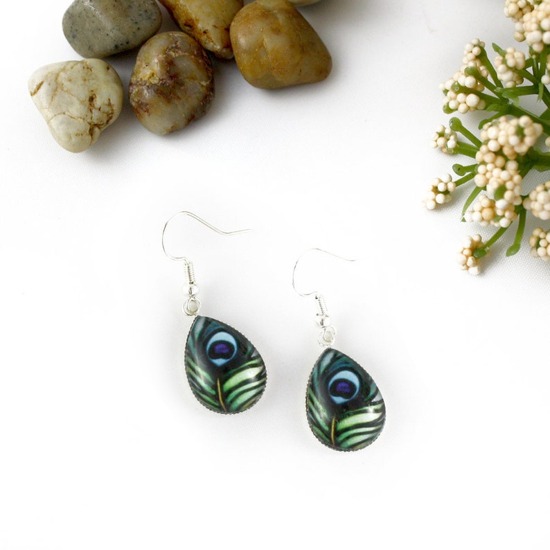 Green Earrings Glass Earrings Gift Idea for Mom Peacock Feather Earrings Feather Jewelry Earrings for Women