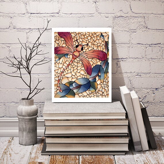 Burgundy Dragonfly Print Stained Glass Art Wall Hanging Etsy