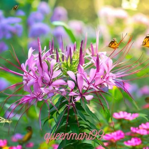 Puede incluir: Primer plano de una flor rosa con estambres largos y finos y hojas verdes. El fondo borroso muestra otras flores y mariposas. El texto "queenmart99" es visible en la parte inferior.
