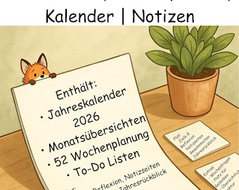Trisha Fox – 2026 A5 Printable Kalender | 52 Wochen | To-Do | Ziele | Kalender | Notizen