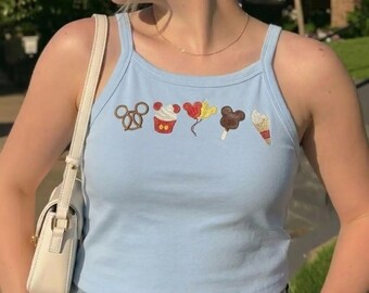Disney Snacks Embroidered Tank Top, Cute Mickey Food Icons Tank, Disneyland Snack Lover Shirt, Minimal Disney Top, Disney Trip Outfit