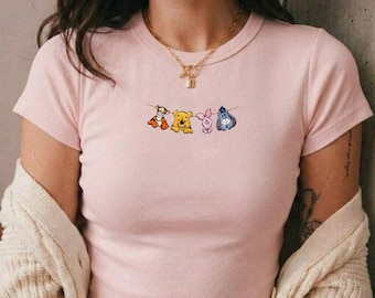 Broderad Nalle Puh Babytröja, Puh och vännerna babutee, Söt Disney Trip-tröja, Puh vänner figurnära kort skjorta