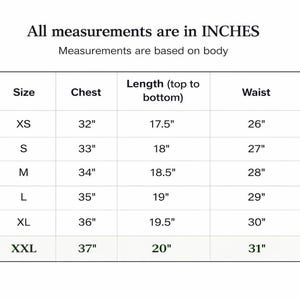 May include: A white chart displaying size measurements in inches for chest, length, and waist. Sizes range from XS to XXL, with chest measurements from 81cm to 94cm, length from 44cm to 51cm, and waist from 66cm to 79cm.