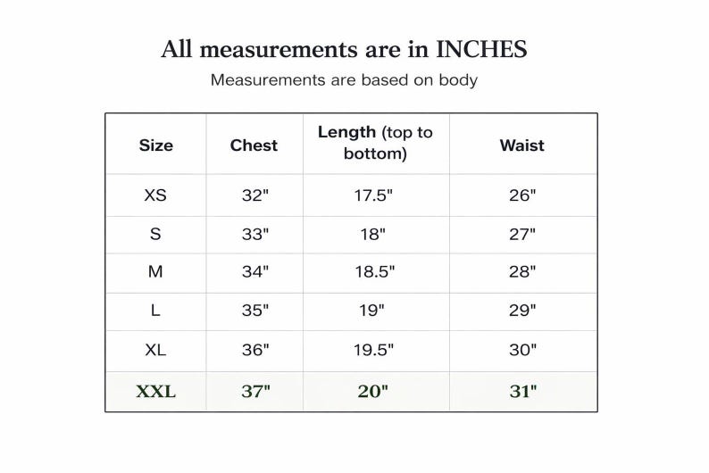 May include: A white chart displaying size measurements in inches for chest, length, and waist. Sizes range from XS to XXL, with chest measurements from 81cm to 94cm, length from 44cm to 51cm, and waist from 66cm to 79cm.