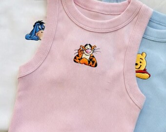 Winnie The Pood Embroidered Tank Top, Disney Characters Aesthetic Ribbed Summer Tank, Vintage Style Summer Outfit, Fitted Casual Wear