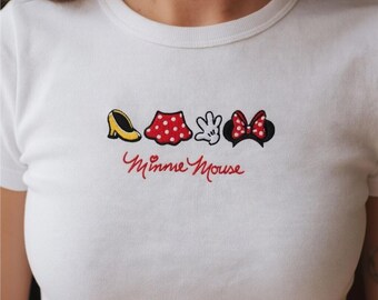 Minnie Mouse Embroidered Baby Tee, Disney Inspired Coquette Shirt, Retro Minnie Bow Tee, Custom Character Embroidery Shirt Gift for Her