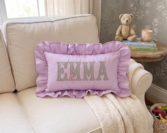 Embroidered Name With Bow Pillow Cover, Personalized  Monogram Ruffle Cushion, Custom Nursery Pillow, Baby Name Pillow, Soft Decorative Gift
