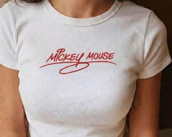 Mickey & Minnie Mouse Embroidered Baby Tee, Fitted Crop T Shirt, Minimal Disney Inspired Signature Top, Disney Trip Tee