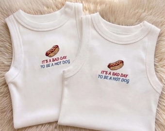 Funny Hot Dog Embroidered Tank Top, Retro Graphic Ribbed Tank, Y2K Summer Baby Tee, Cute Foodie Shirt, Trendy Casual Top for Women