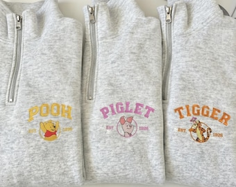 くまのプーさんの刺繍入りクォータージップスウェットシャツ、ピグレット、イーヨー、ティガー、ルー、フクロウのセーター、ディズニーキャラクターのクルーネック、家族でお揃いの服