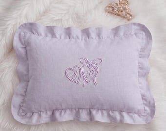 Personalized  Heart Locket Embroidered Pillow Cover, Custom Initial Cushion with Bow, Coquette Ruffle Pillow, Monogram Nursery Decor