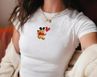 Pooh Bear Ballon Embroidered Baby Tee, Winnie The Pooh Baby Tee, Retro Disney Fitted Tee, Disneyworld Y2K, WDW Trip, Disney trip outfit