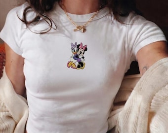 Embroidered Minnie and Daisy Baby Tee, Disney Best Friends Shirt, Cute Ribbed Top, Magical Kingdom Outfit for Women