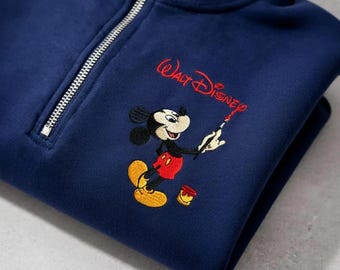 ヴィンテージ ミッキーマウス刺繍入りクォータージップスウェットシャツ、ウォルト・ディズニー カートゥーン プルオーバー、クラシック ディズニー キャラクター トップス、快適なユニセックス クルーネック