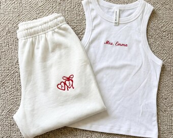 Mrs. Embroidered Tank and Shorts Set, Custom Mrs. Pajama Set, Bride Lounge Outfit, Wedding Morning Gift, Personalized Bridal PJs