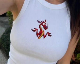 Mushu Embroidered Ribbed Tank Top, Disney Mulan Dragon Shirt, Aesthetic Summer Top for Women, Gift for Her, Disney Trip Outfit